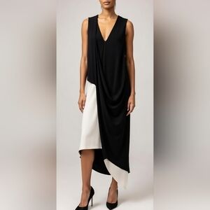 Asymmetrical Black & White Draped Midi Dress